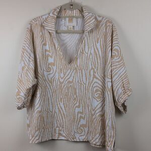 Emily McCarthy Poppy Top In Tan & White Fois Bois Pattern Size L Linen Blend